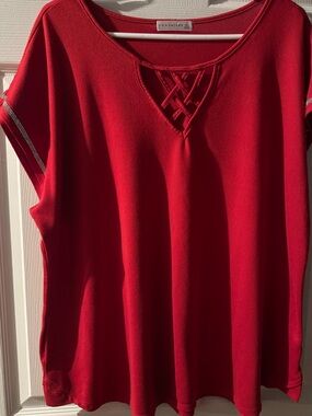Women's Red Short Sleeve Tunic with Braided V-Neck
